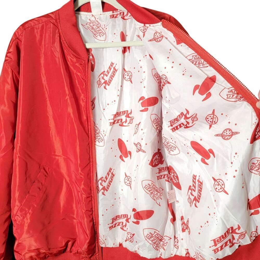Toy Story Red Pizza Planet Satin Bomber Windbreaker Jacket Adult Medium & Cap L - Picture 7 of 12